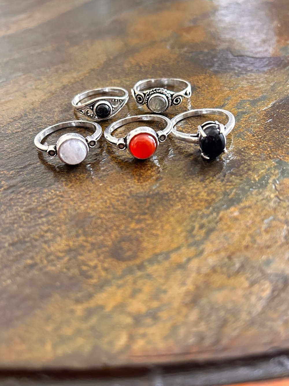 Boho - 5 Rings all Silver Plated with Real Gemstones